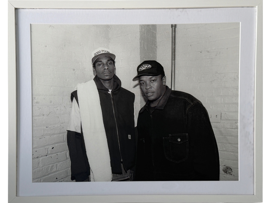Framed B&W Photograph of Rappers Snoop Dogg and Dr. Dre Backstage at the Regal Theater in Chicago in January 1993 by Photographer Raymond Body 24' X 20.5'