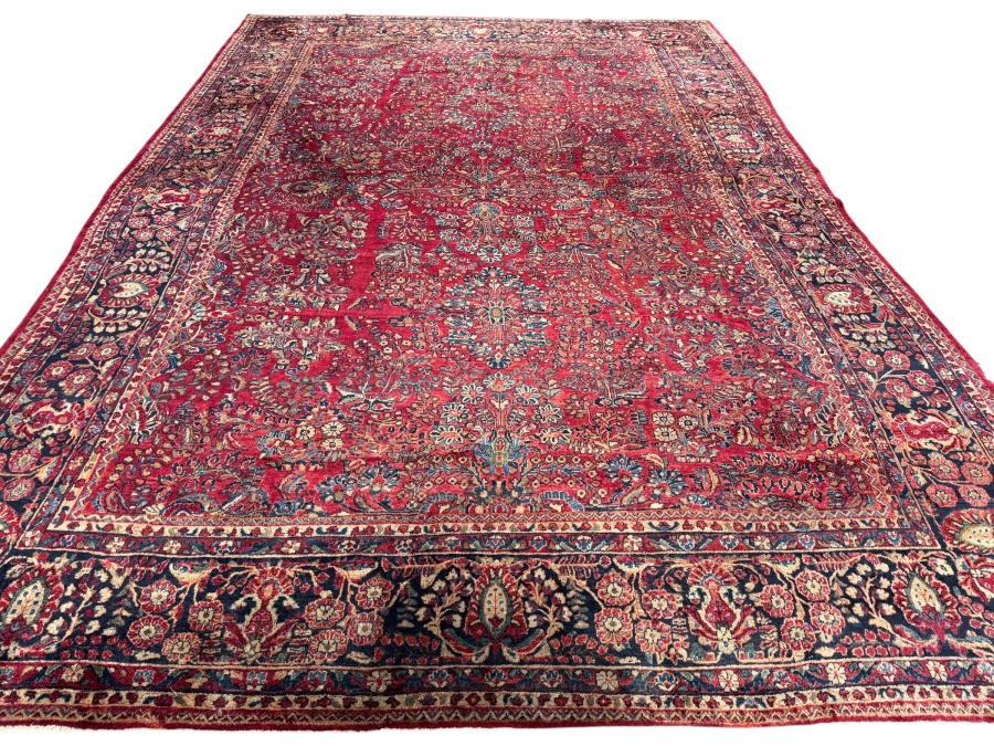 Just Added - Vintage 1930s Persian Sarouk Hand Knotted Wool Area Rug with a Medallion Semi Floral Design 9.1 X 14.8 - Has Some Condition Issues Including Several Tears - Appraised at $12,500