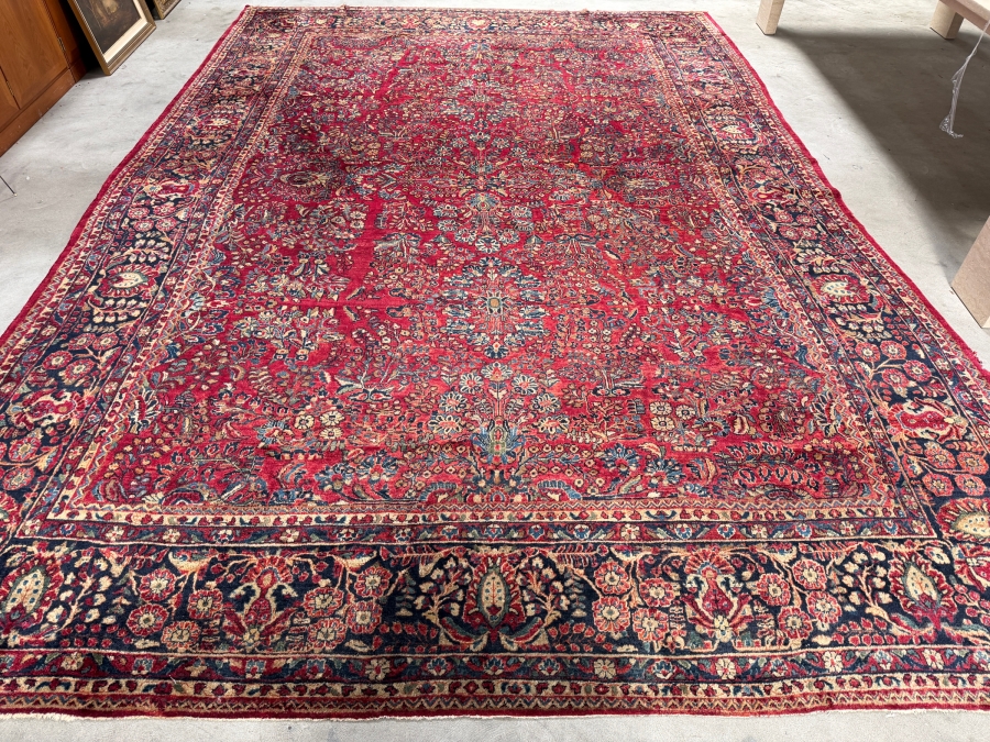 Just Added - Vintage 1930s Persian Sarouk Hand Knotted Wool Area Rug with a Medallion Semi Floral Design 9.1 X 14.8 - Has Some Condition Issues Including Several Tears - Appraised at $12,500 [Photo 2]