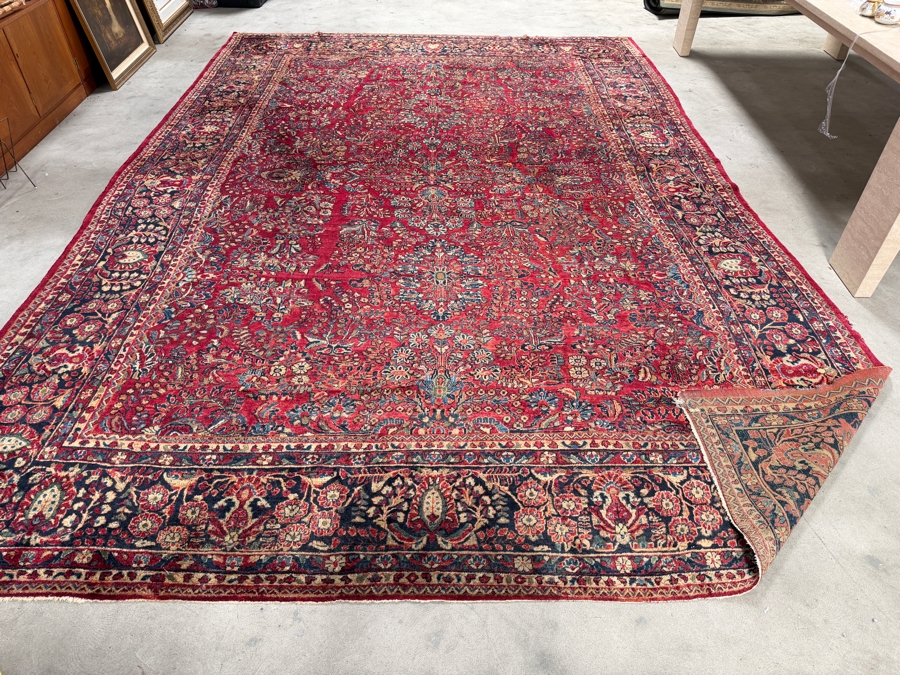 Just Added - Vintage 1930s Persian Sarouk Hand Knotted Wool Area Rug with a Medallion Semi Floral Design 9.1 X 14.8 - Has Some Condition Issues Including Several Tears - Appraised at $12,500 [Photo 3]
