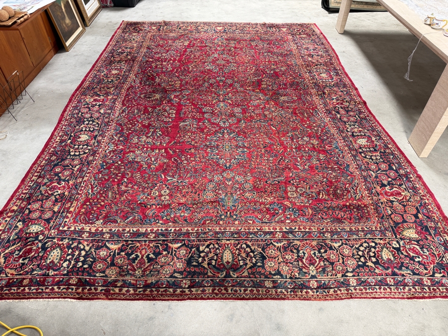Just Added - Vintage 1930s Persian Sarouk Hand Knotted Wool Area Rug with a Medallion Semi Floral Design 9.1 X 14.8 - Has Some Condition Issues Including Several Tears - Appraised at $12,500 [Photo 4]