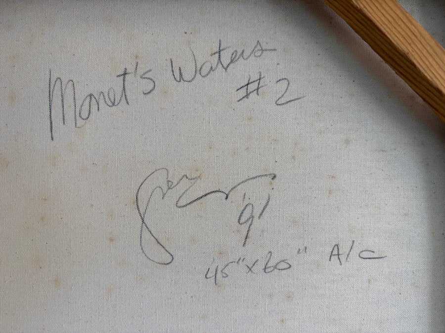 Just Added - Gerrit Greve (1948-2024, Cardiff by the Sea, CA) Original Acrylic Diptych Painting On Canvas Titled 'Monet's Waters #2' 1991 Signed Verso 120 X 45 Estimate $5,400 - $6,800 [Photo 7]