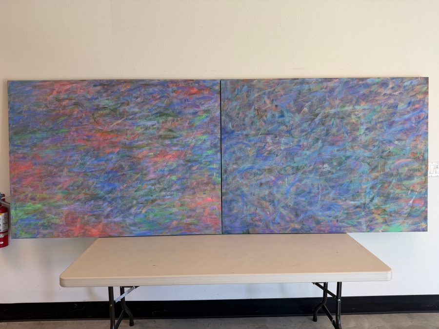 Just Added - Gerrit Greve (1948-2024, Cardiff by the Sea, CA) Original Acrylic Diptych Painting On Canvas Titled 'Monet's Waters #2' 1991 Signed Verso 120 X 45 Estimate $5,400 - $6,800 [Photo 2]