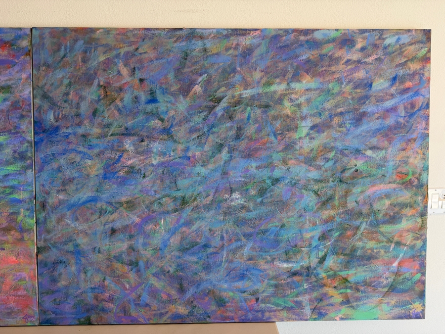 Just Added - Gerrit Greve (1948-2024, Cardiff by the Sea, CA) Original Acrylic Diptych Painting On Canvas Titled 'Monet's Waters #2' 1991 Signed Verso 120 X 45 Estimate $5,400 - $6,800 [Photo 3]
