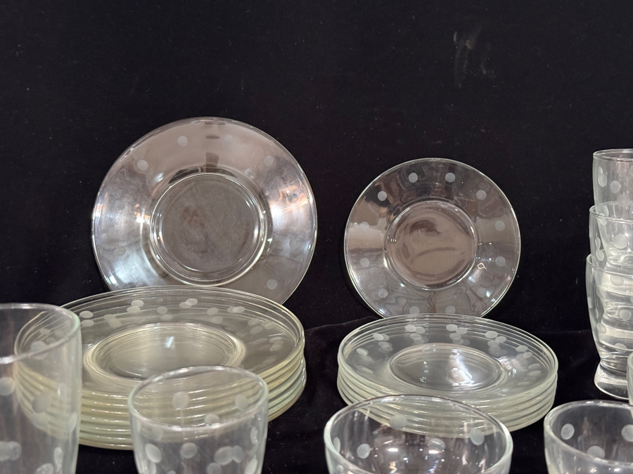 Just Added - Vintage Mid Century Modern Clear Glass Dinnerware Set With Cut Polka Dot Pattern Approximate Service for 8 [Photo 3]
