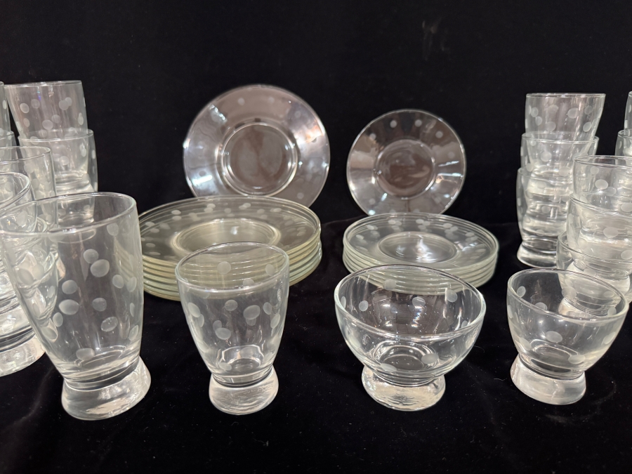Just Added - Vintage Mid Century Modern Clear Glass Dinnerware Set With Cut Polka Dot Pattern Approximate Service for 8