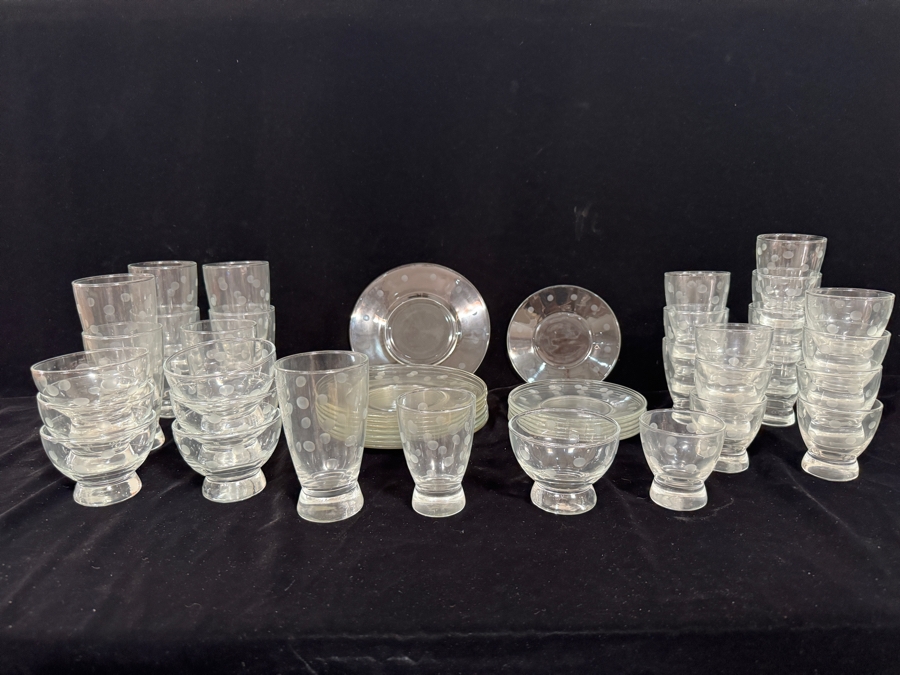 Just Added - Vintage Mid Century Modern Clear Glass Dinnerware Set With Cut Polka Dot Pattern Approximate Service for 8 [Photo 2]