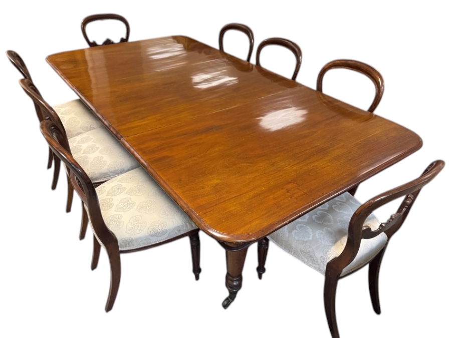 Just Added - Antique William IV Mahogany Extending Dining Table And Eight Balloon Back Chairs (6 Matching/2 Others Matching) Light Reflection on Table Top 62'-90'L X 47'W X 29'H