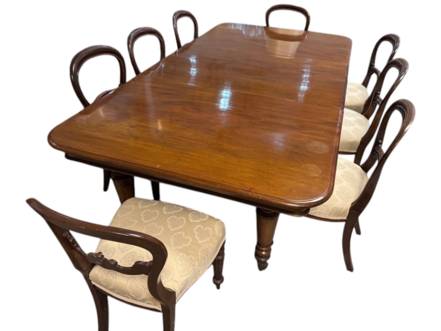 Just Added - Antique William IV Mahogany Extending Dining Table And Eight Balloon Back Chairs (6 Matching/2 Others Matching) Light Reflection on Table Top 62'-90'L X 47'W X 29'H [Photo 5]
