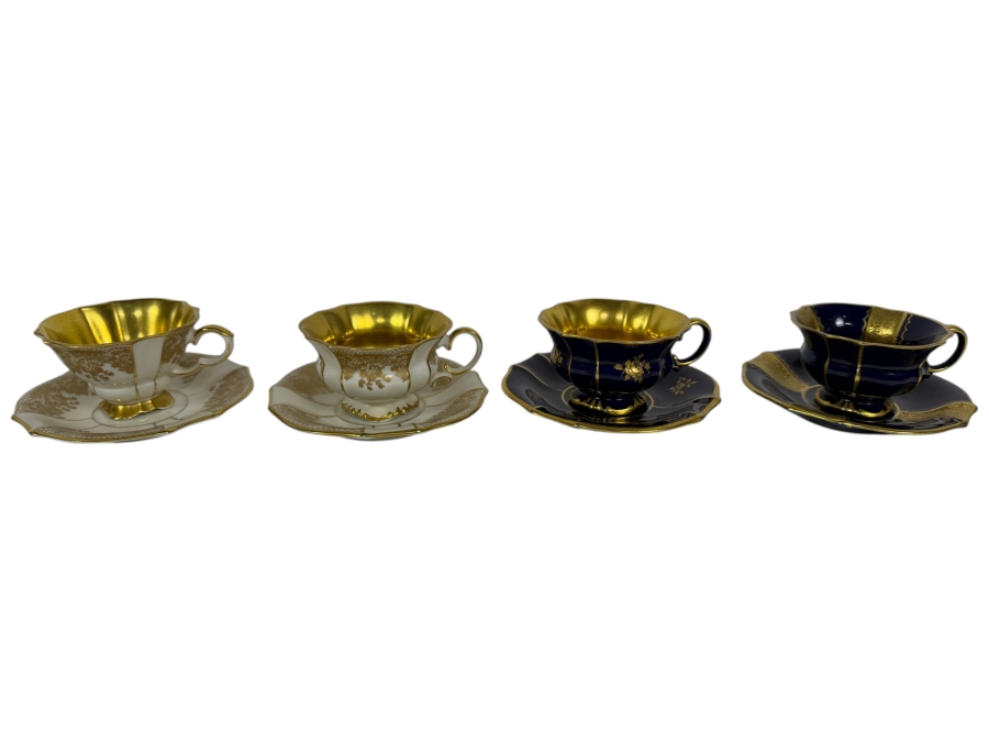 Just Added - (4) Lindner Porzellan 22-Karat Gold Filigree Overlay Demitasse Cups and Saucers Bavaria, Germany