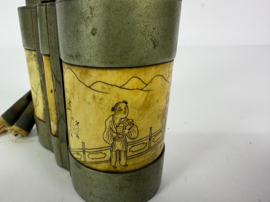 Just Added - Antique Chinese Opium Water Pipe Featured Carved Bone Scenes 13.5'H [Photo 5]