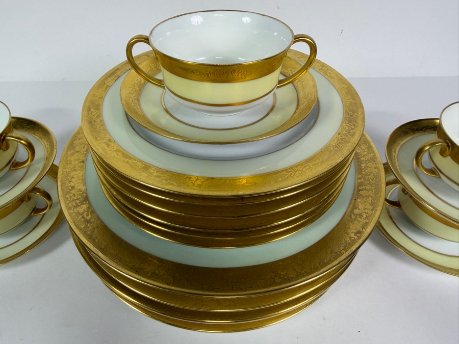 Just Added - Lorenz Hutschenreuther China Service Featuring 22-Karat Gold Filigree Etched Bands Along the Rims - Approximate Service for 5 with Extras Made in Selb, Bavaria, Germany [Photo 2]