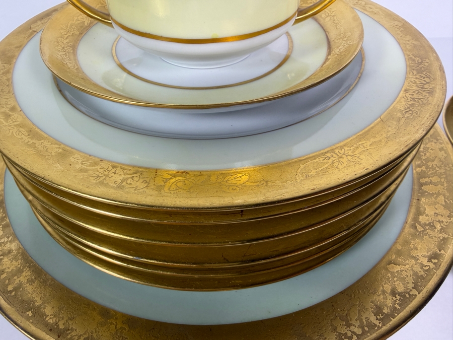 Just Added - Lorenz Hutschenreuther China Service Featuring 22-Karat Gold Filigree Etched Bands Along the Rims - Approximate Service for 5 with Extras Made in Selb, Bavaria, Germany [Photo 3]