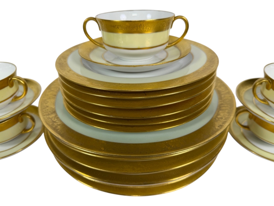 Just Added - Lorenz Hutschenreuther China Service Featuring 22-Karat Gold Filigree Etched Bands Along the Rims - Approximate Service for 5 with Extras Made in Selb, Bavaria, Germany