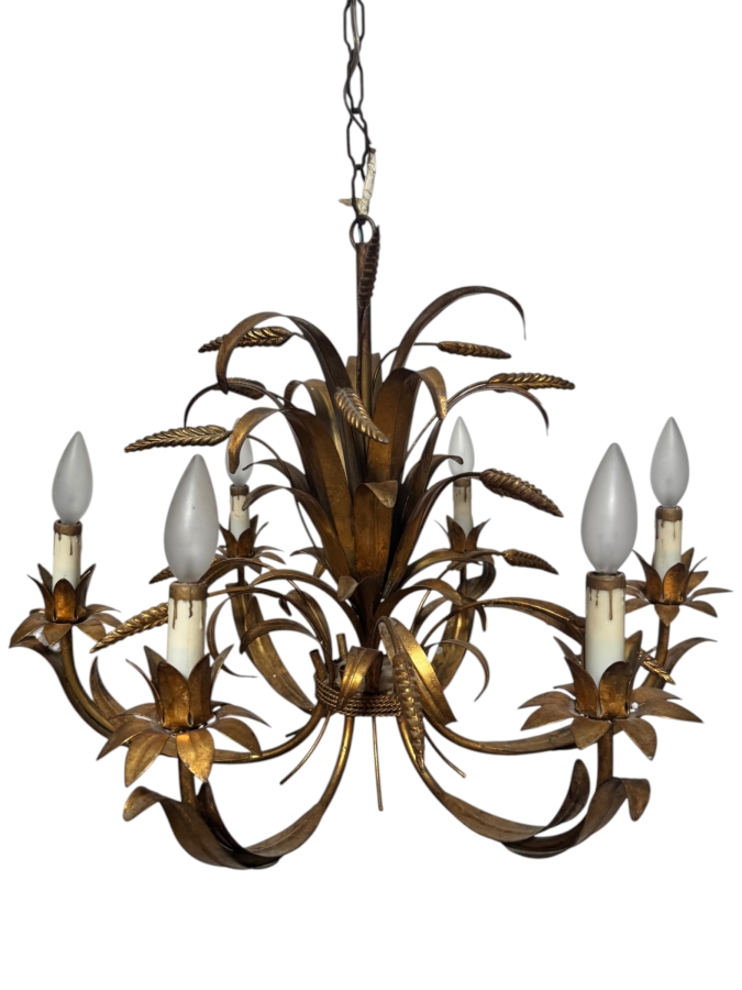 Just Added - Vintage Italian Gilt Metal Sheaf Of Wheat 6 Light Chandelier 24'W