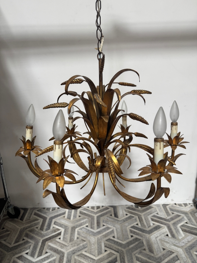 Just Added - Vintage Italian Gilt Metal Sheaf Of Wheat 6 Light Chandelier 24'W [Photo 2]