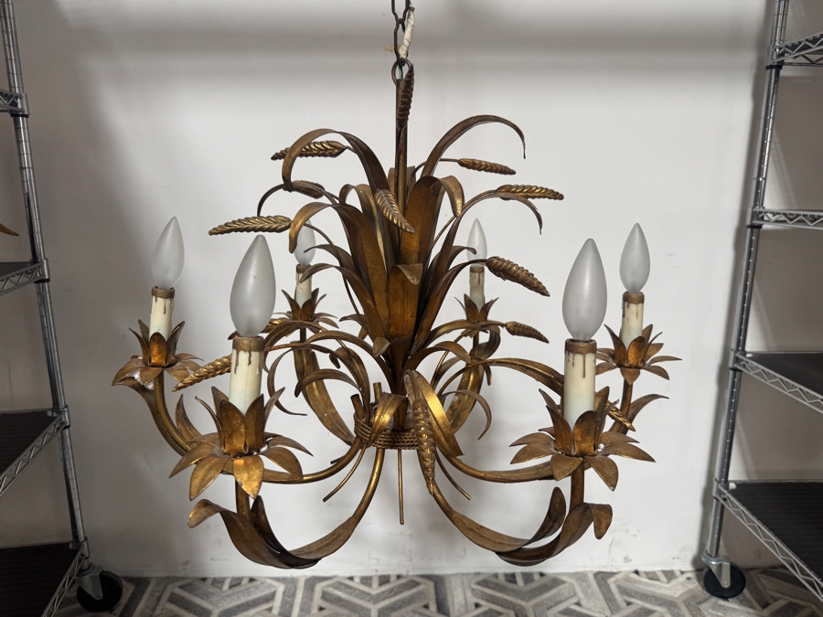 Just Added - Vintage Italian Gilt Metal Sheaf Of Wheat 6 Light Chandelier 24'W [Photo 4]