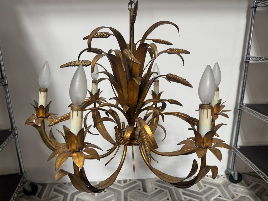 Just Added - Vintage Italian Gilt Metal Sheaf Of Wheat 6 Light Chandelier 24'W [Photo 3]