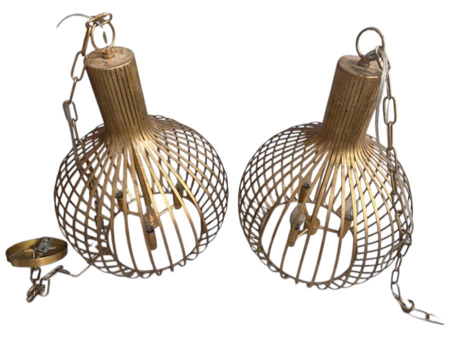 Just Added - Pair Of Antique Gold Metal Open Cage Three Light Pendant Lights 14'W [Photo 3]
