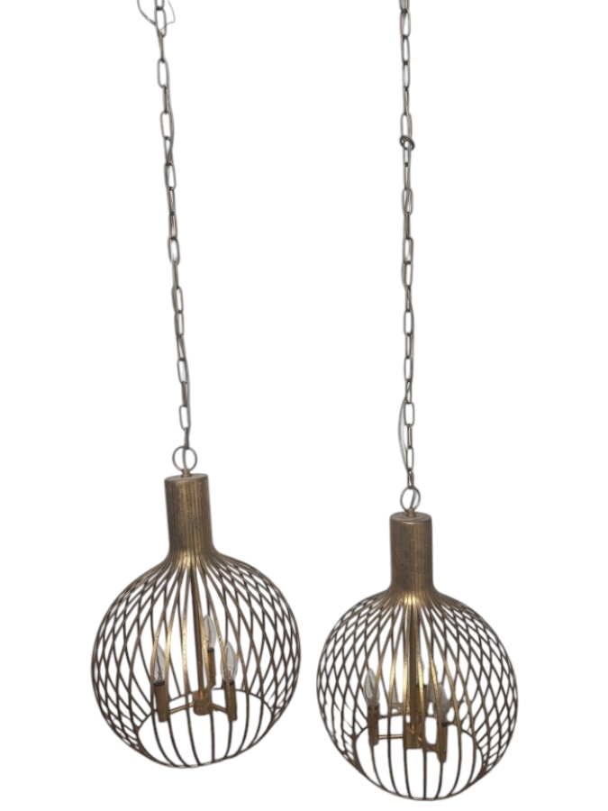 Just Added - Pair Of Antique Gold Metal Open Cage Three Light Pendant Lights 14'W [Photo 2]