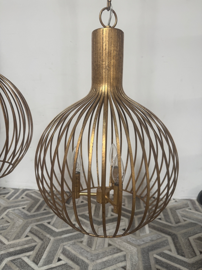 Just Added - Pair Of Antique Gold Metal Open Cage Three Light Pendant Lights 14'W [Photo 4]