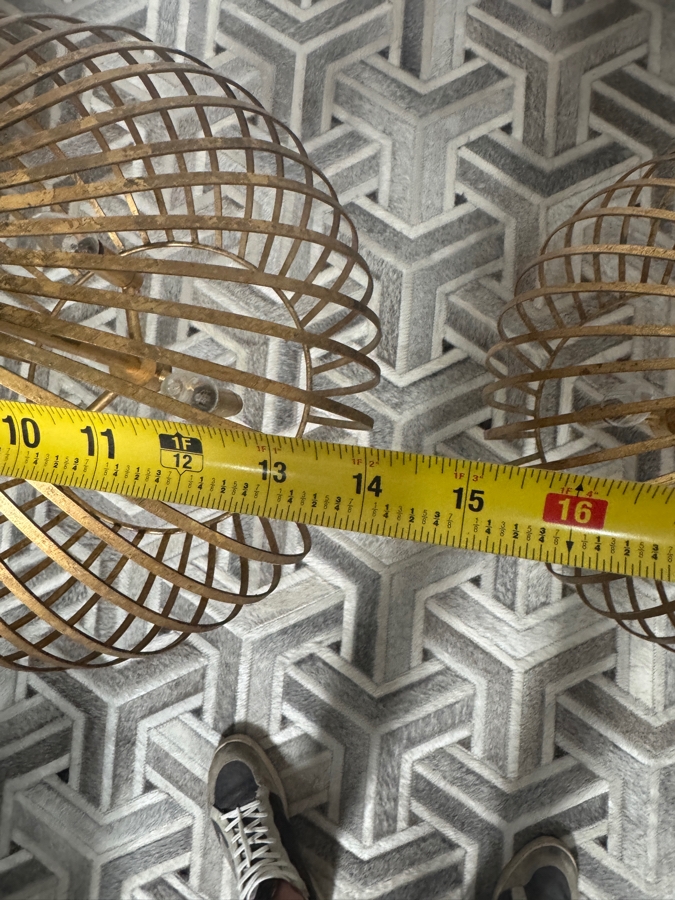 Just Added - Pair Of Antique Gold Metal Open Cage Three Light Pendant Lights 14'W [Photo 5]