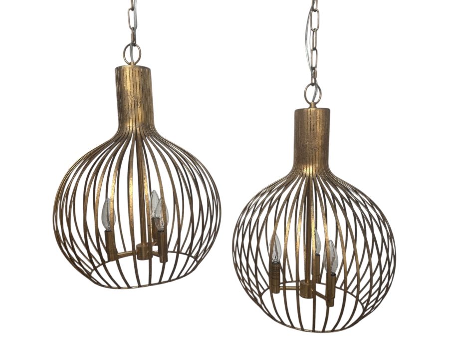 Just Added - Pair Of Antique Gold Metal Open Cage Three Light Pendant Lights 14'W