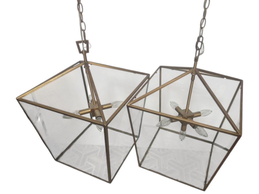 Just Added - Pair of Regina Andrew Camden Natural Brass Five Light Glass Lantern Pendant Lights 16.25'W X 26.25'H Retail $1,800/Pair [Photo 2]