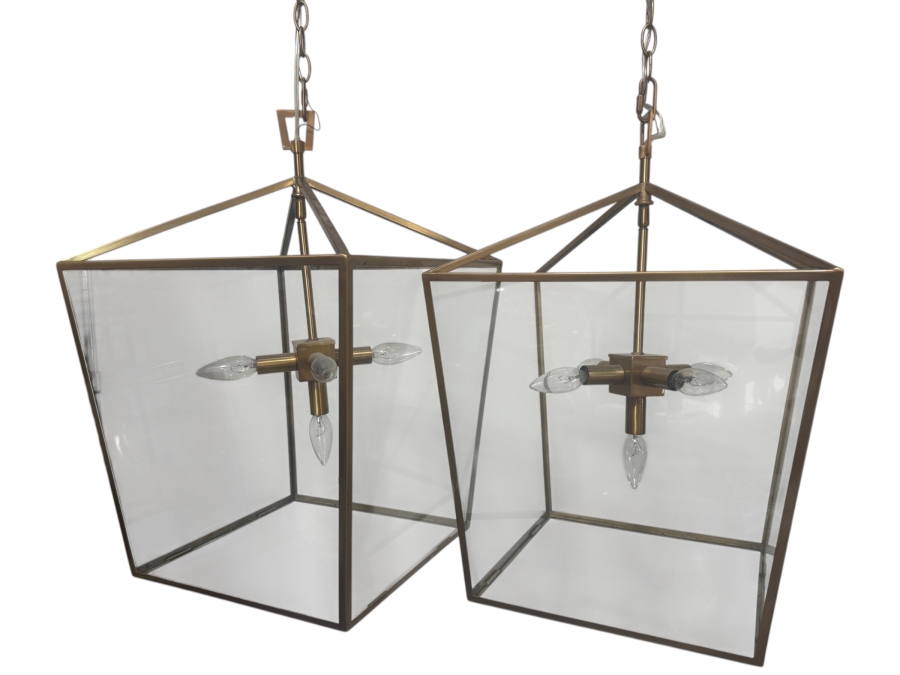 Just Added - Pair of Regina Andrew Camden Natural Brass Five Light Glass Lantern Pendant Lights 16.25'W X 26.25'H Retail $1,800/Pair