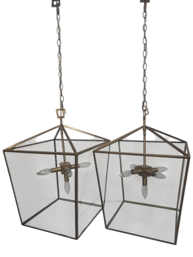 Just Added - Pair of Regina Andrew Camden Natural Brass Five Light Glass Lantern Pendant Lights 16.25'W X 26.25'H Retail $1,800/Pair [Photo 3]