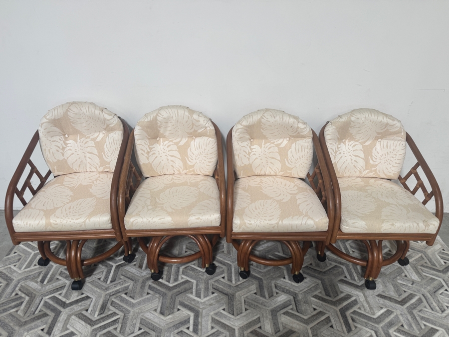 Just Added - Set Of (4) King's Collection Vintage Rattan Swivel Caster Dining Chairs With Monstera Leaf Cushions 23'W X 30'D X 34'H [Photo 3]