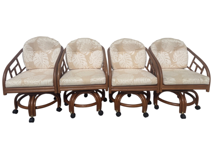 Just Added - Set Of (4) King's Collection Vintage Rattan Swivel Caster Dining Chairs With Monstera Leaf Cushions 23'W X 30'D X 34'H