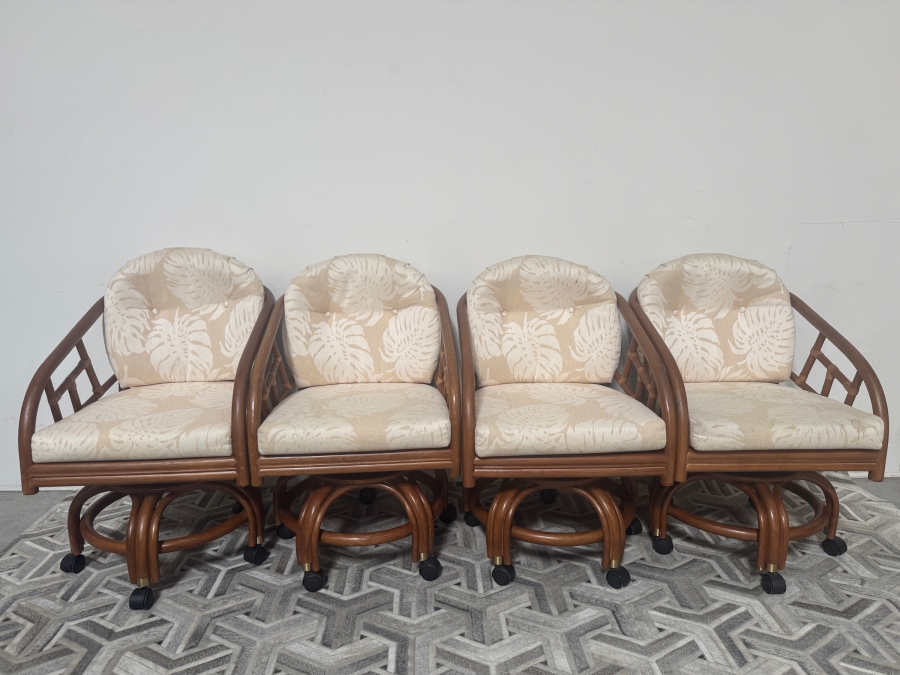 Just Added - Set Of (4) King's Collection Vintage Rattan Swivel Caster Dining Chairs With Monstera Leaf Cushions 23'W X 30'D X 34'H [Photo 2]