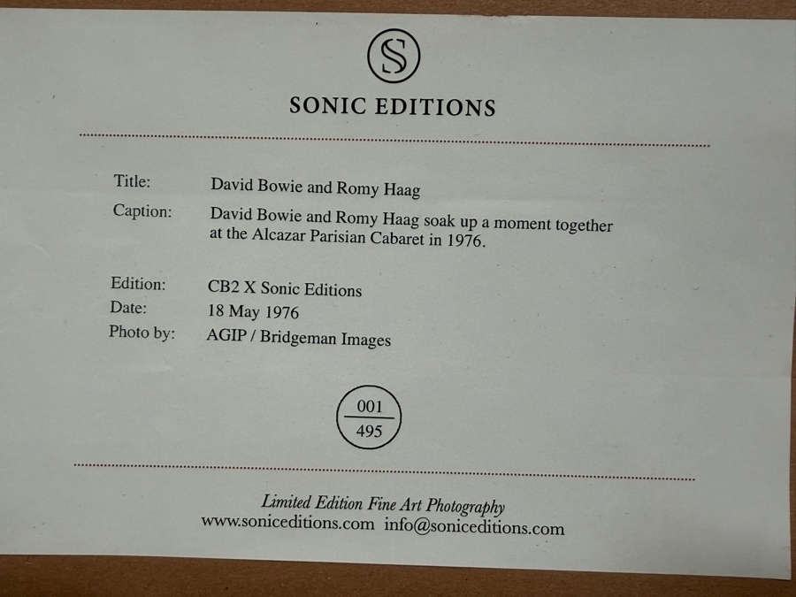 Just Added - CB2 X Sonic Editions Limited Edition Fine Art Photography David Bowie and Romy Haag Soak Up a Moment Together at the Alcazar Parisian Cabaret in 1976 32 X 21.5 Framed 38 X 27.5 [Photo 4]