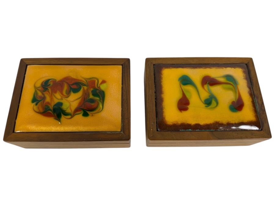 Just Added - Pair of Vintage Wooden Trinket Enamel Top Boxes 5W X 4D X 2H