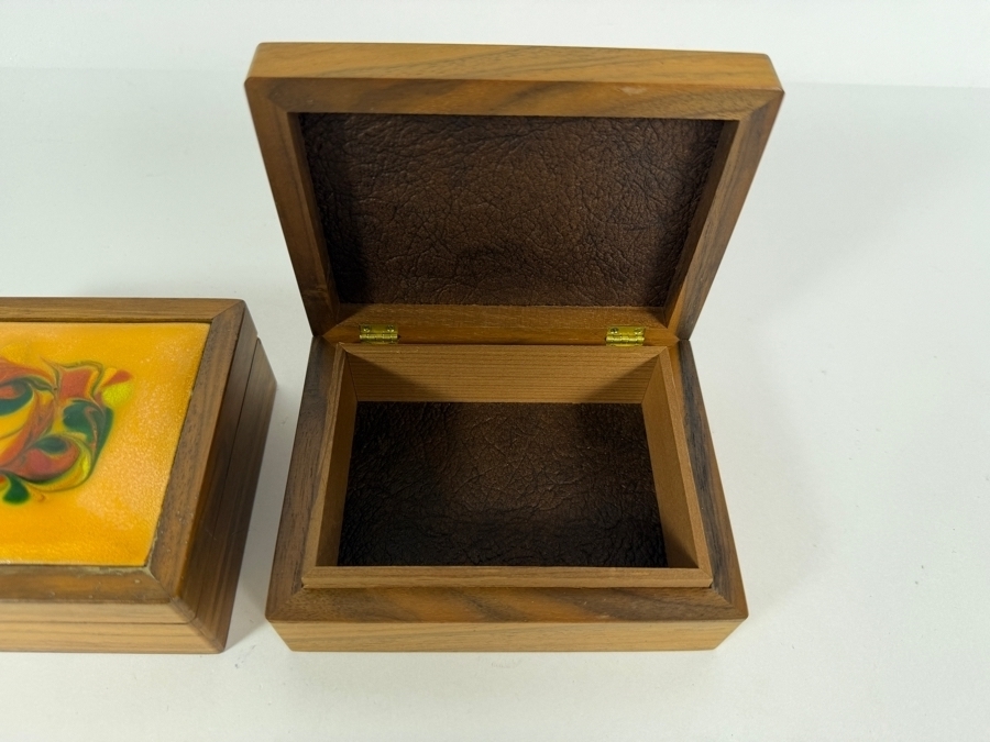 Just Added - Pair of Vintage Wooden Trinket Enamel Top Boxes 5W X 4D X 2H [Photo 4]