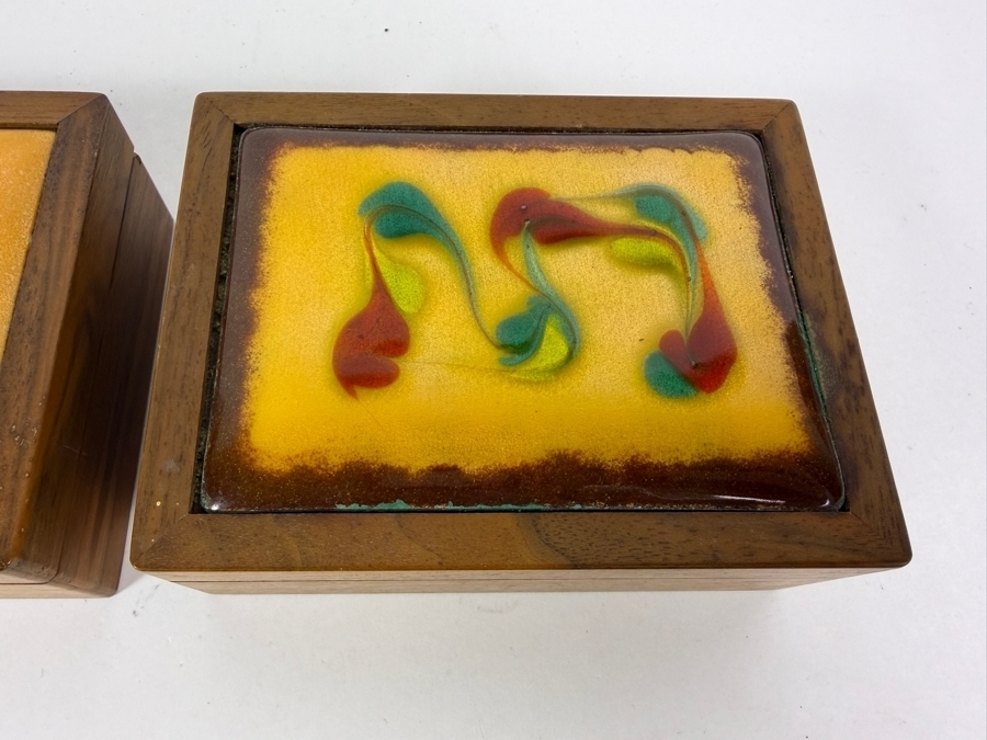 Just Added - Pair of Vintage Wooden Trinket Enamel Top Boxes 5W X 4D X 2H [Photo 2]