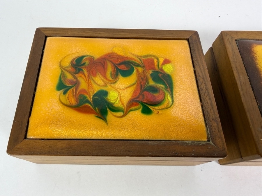 Just Added - Pair of Vintage Wooden Trinket Enamel Top Boxes 5W X 4D X 2H [Photo 3]