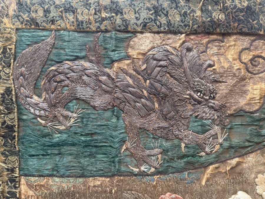 Antique Japanese Meiji Period Silk Embroidery Textiles With Imperial Dragons And Peonies Framed 52W X 34.5H Purchased for $1,200 [Photo 2]
