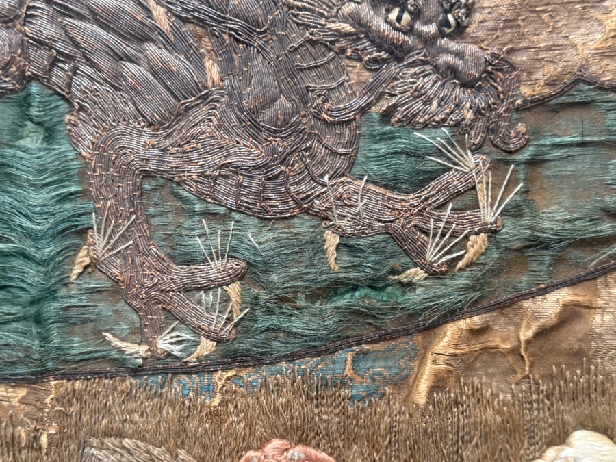 Antique Japanese Meiji Period Silk Embroidery Textiles With Imperial Dragons And Peonies Framed 52W X 34.5H Purchased for $1,200 [Photo 4]