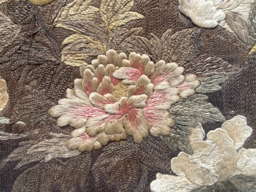 Antique Japanese Meiji Period Silk Embroidery Textiles With Imperial Dragons And Peonies Framed 52W X 34.5H Purchased for $1,200 [Photo 6]