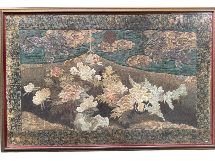 Antique Japanese Meiji Period Silk Embroidery Textiles With Imperial Dragons And Peonies Framed 52W X 34.5H Purchased for $1,200