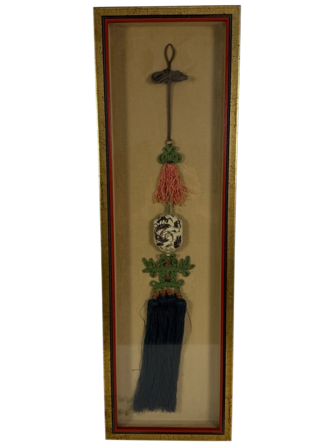Vintage Korean Norigae Silk Knot Tassel Pendant With Embroidered Silk Charm Case Framed Shadowbox 8W X 26.5H