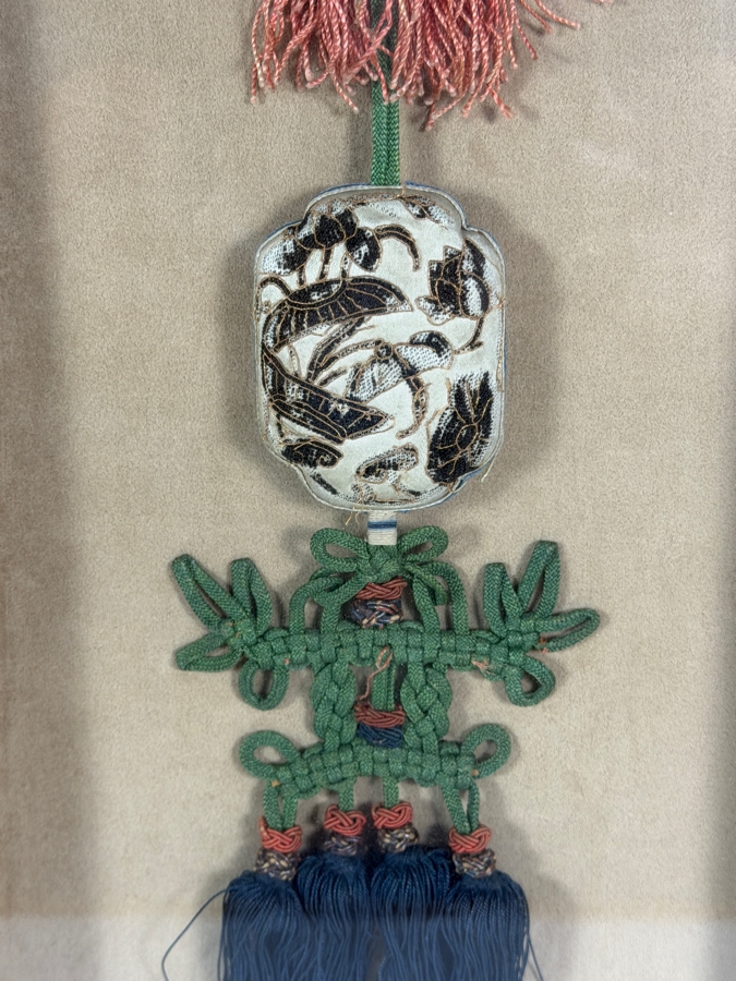 Vintage Korean Norigae Silk Knot Tassel Pendant With Embroidered Silk Charm Case Framed Shadowbox 8W X 26.5H [Photo 2]