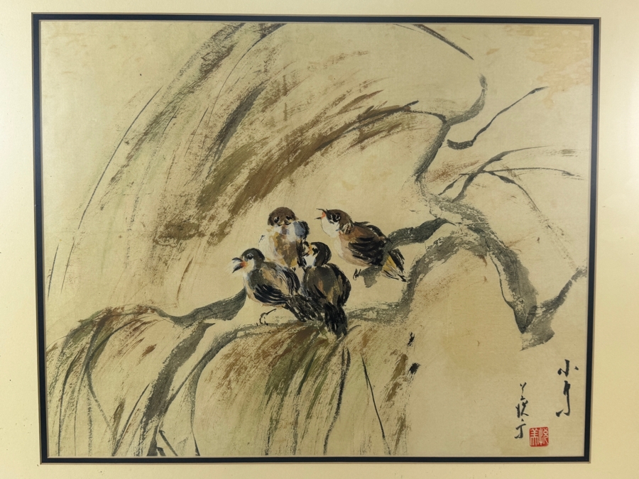 Rosemary Kinsall Chinese Style Sparrows Perched On Branches Watercolor Ink Painting 20.5W X 16.5H In Faux Bamboo Frame 27.W X 23H