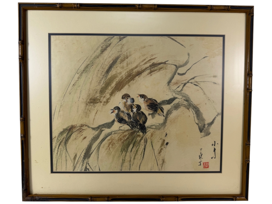Rosemary Kinsall Chinese Style Sparrows Perched On Branches Watercolor Ink Painting 20.5W X 16.5H In Faux Bamboo Frame 27.W X 23H [Photo 2]