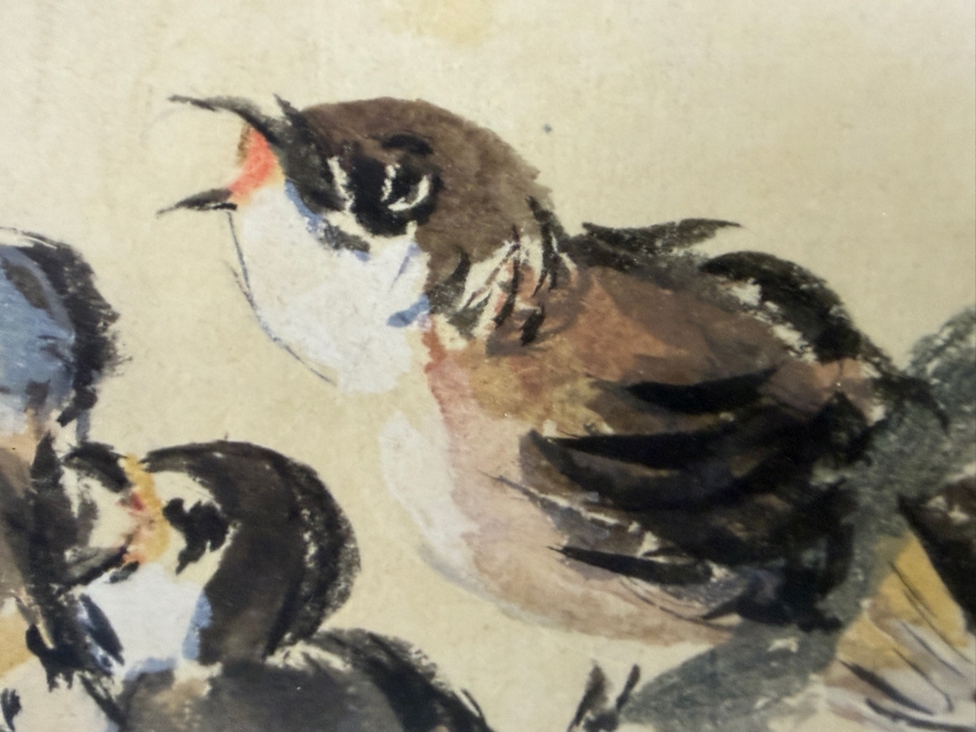 Rosemary Kinsall Chinese Style Sparrows Perched On Branches Watercolor Ink Painting 20.5W X 16.5H In Faux Bamboo Frame 27.W X 23H [Photo 4]