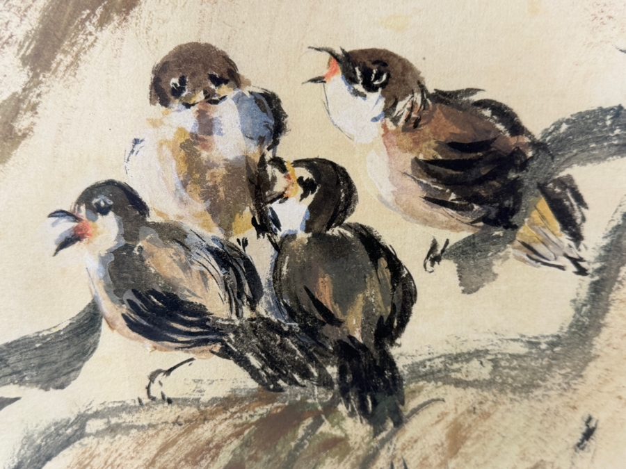 Rosemary Kinsall Chinese Style Sparrows Perched On Branches Watercolor Ink Painting 20.5W X 16.5H In Faux Bamboo Frame 27.W X 23H [Photo 3]