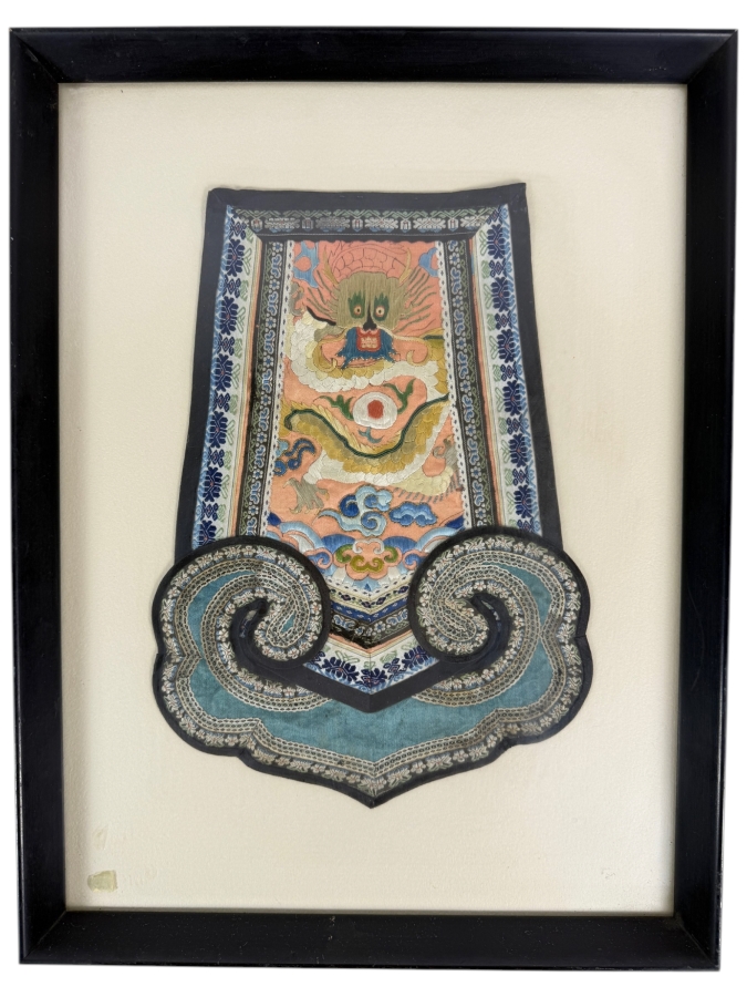 Antique Chinese Qing Dynasty Embroidered Silk Five Clawed Dragon Robe Panel Framed 8.5W X 12H Framed: 13W X 17H [Photo 2]