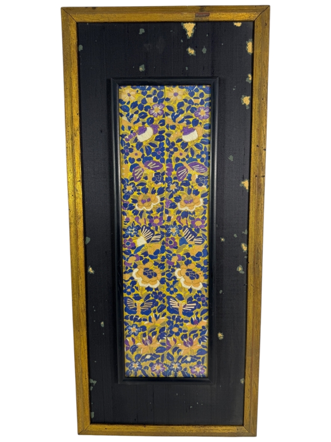 Antique Chinese Qing Dynasty Embroidered Silk Panel Sleeve Bands With Butterflies And Peonies 6W X 19.5H Framed: 13W X 29H [Photo 2]
